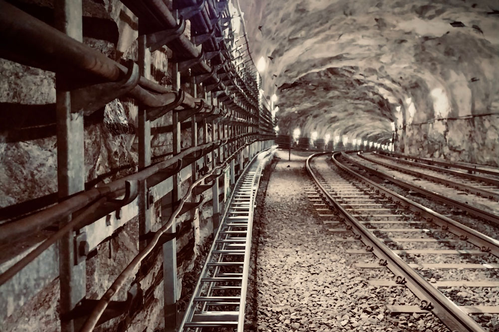 Tågspår i tunnel.